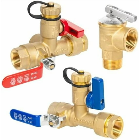Tankless Water Heater Service Valve Kit, 3/4 Inch IPS Isolator Set with Pressure Relief Valve, Hot & Cold Shut-Off Valves, Lead-Free Premium Brass, Compatible with Rheem, Rinnai, Navien