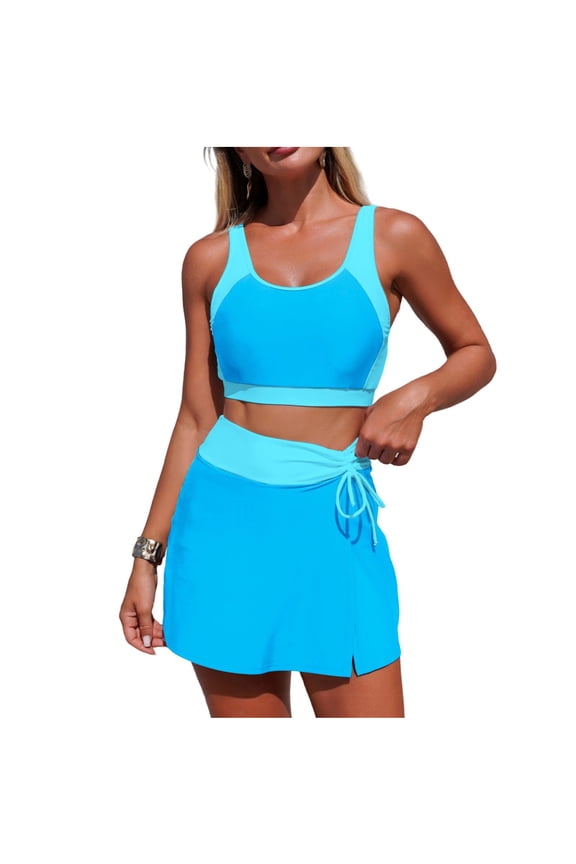 Tankni Swimsuits for Women Two Piece Modest Bathing Suit Swim Skirt Built-in Bottom Color Block Sporty Beach 2026 (M, Blue)