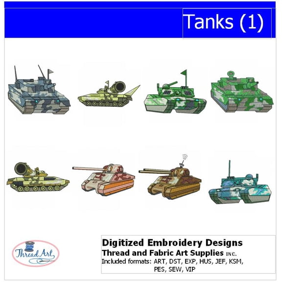Tanks(1) Embroidery Designs - All Popular Formats Included - Loaded on USB Stick
