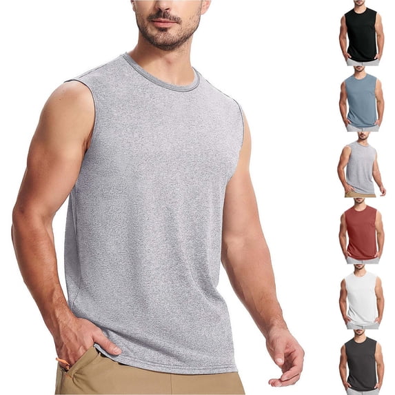 Tanks Tops Men Men's Solid Color Exercise Close-fitting High Resilience Round Neck Fitness Short-sleeved Gray S