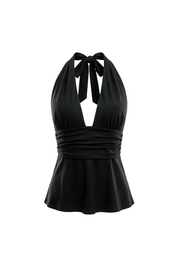Tanks for Women Solid Ruched Halter Top Sleeveless Wrap Neck Tie Back Ruffle Crop Slim Fit Stomach Control Camisole Black S