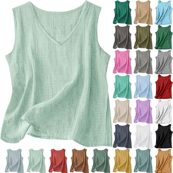 Tanks for Women, Women Tank Tops Cotton Linen Spring Summer Solid Side Split V-Neck Crop Top With Shaping