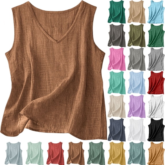 Tanks for Women, Women Tank Tops Cotton Linen Spring Summer Solid Side Split V-Neck Crop Top With Shaping