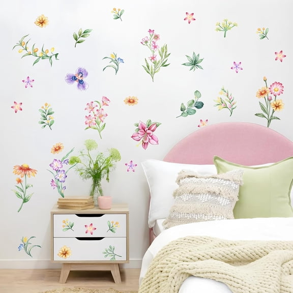 Tanlaby Retro Colorful Wildflower Wall Stickers, Garden Floral Wall Decals Retro Flower Decal Peel and Stick Wall Decals Walll Art Decor for Bedroom Office Sofa TV Backdrop