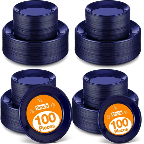 Tanlade 200 Pcs Wedding Plastic Plates AFN1Bulk Disposable Plastic Graduation Party Round Plates Set for Birthday Holiday Party(Navy Blue)