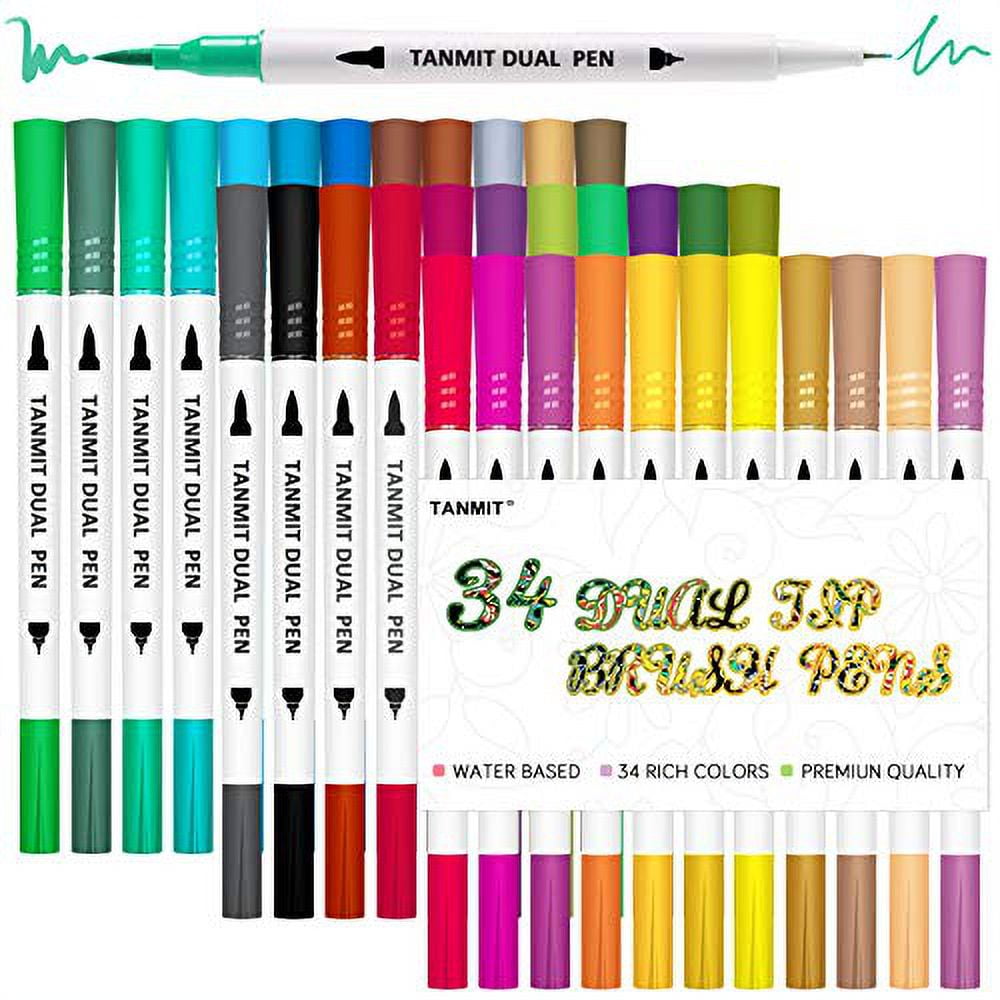Dual Brush Marker Pens for Coloring Books, Tanmit Fine Tip Coloring Marker  & Brush Pen Set for Journaling Note Taking Writing Planning Art Project