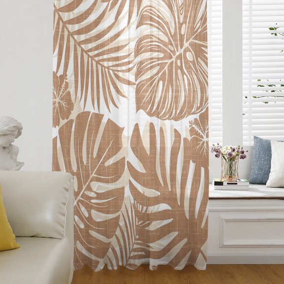 Tann Brown Monstera Sheer Curtains 63 Inch Length, Light Filtering Voile Curtain Panel, Palm Tree Leaf Boho Botanical Tropical Rod Pocket Drapes Window Treatments for Living Room Bedroom 52"x63"