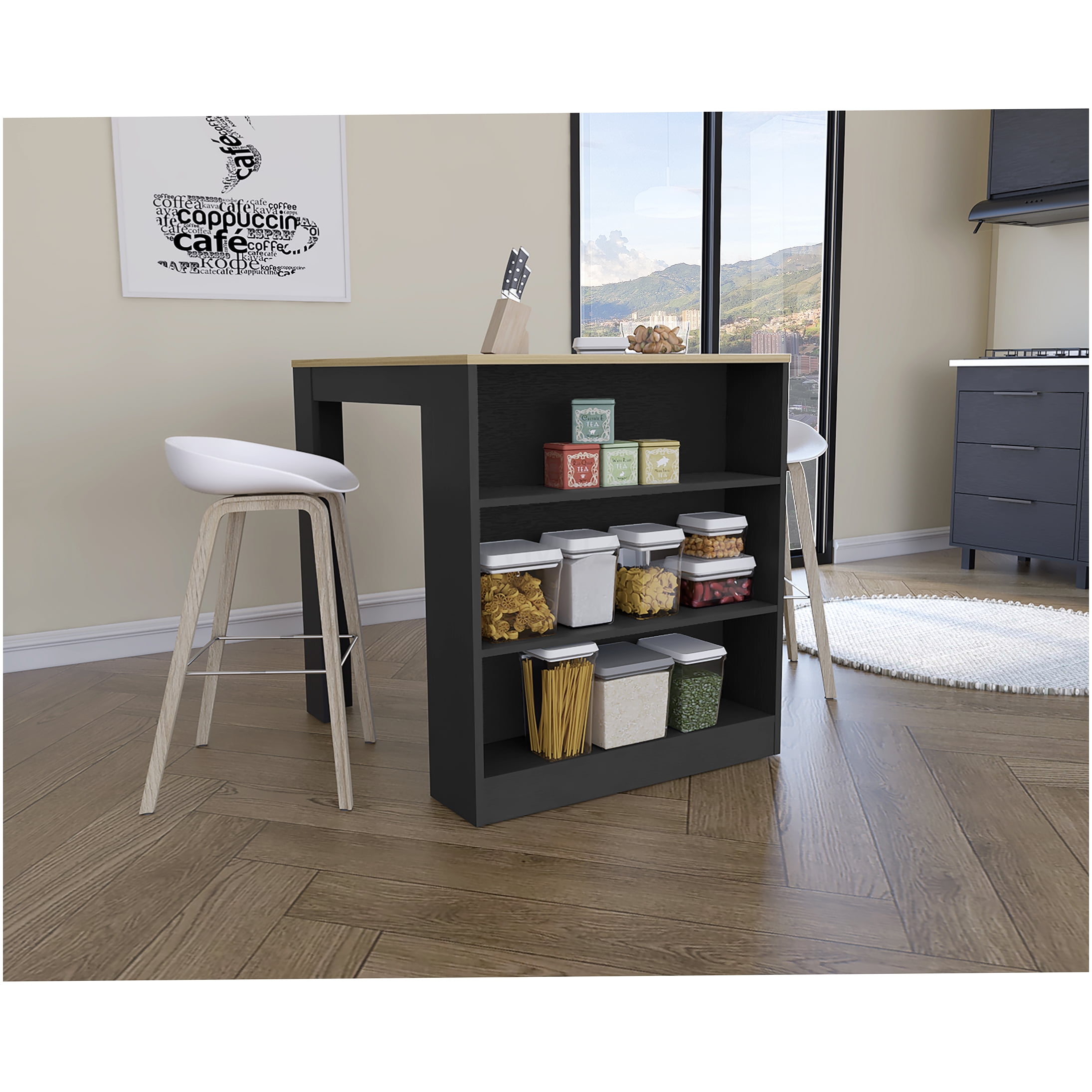 Tanna Modern Kitchen Counter Table with Storage Shelves, Multicolor ...