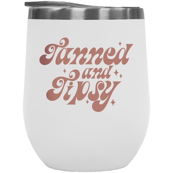 Tanned & Tipsy, Beach Drinking Themed Merch Gift, White 12oz Wine Tumbler