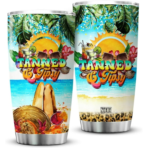 Tanned And Tipsy Tumbler 20oz Novelty Summer Beach Lover Gifts For Women Stainless Steel Coffee Cup With Lid Sunbathing Gift For Girls Insulated Mug Tropical Leopard