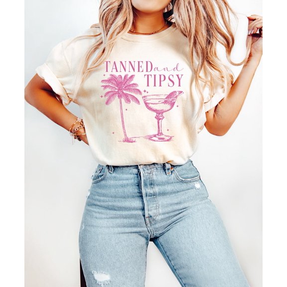 Tanned and Tips Shirt, Beach Vacation Tee with Two-Tone Retro Print, Funny Summer Top with Trendy Coastal Vibes