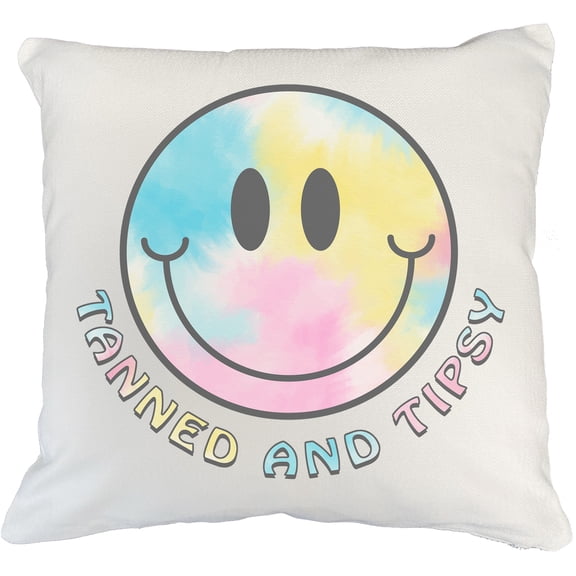 Tanned and Tipsy, 90s Retro & Tie Dye Art Summer Themed Merch Gift, White Pillow Case 18X18 IN