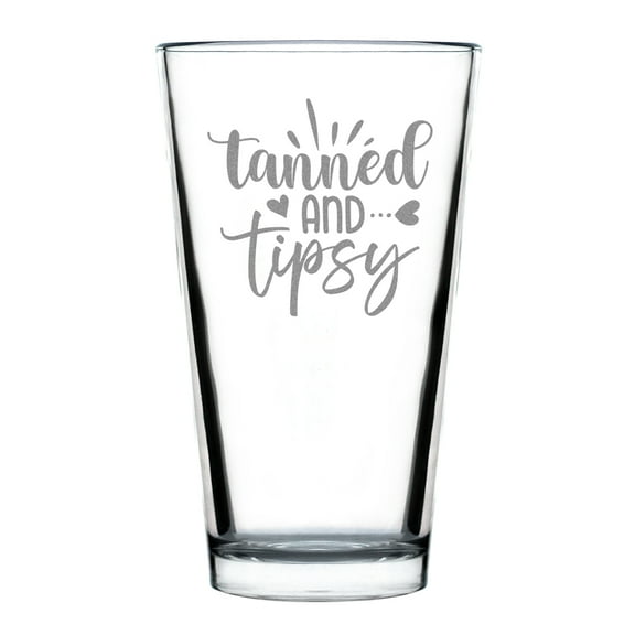 Tanned and Tipsy Funny Pint Glass, Hand Engraved Etched 16oz Beer Perfect Gift For Summer, Beach Lover, Party Drinkware