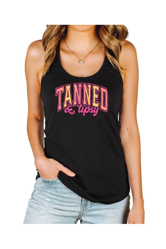 Tanned and Tipsy Tank Top for Women Fun Colorful Summer Shirt for Adults Black Tank Top Large