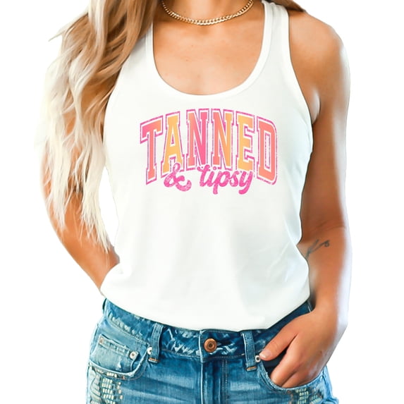 Tanned and Tipsy Tank Top for Women Fun Colorful Summer Shirt for Adults White Tank Top X-Large