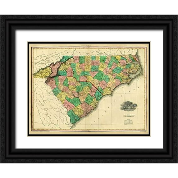 Tanner, Henry 14x12 Black Ornate Wood Framed with Double Matting Museum Art Print Titled - Map of North and South Carolina, 1823
