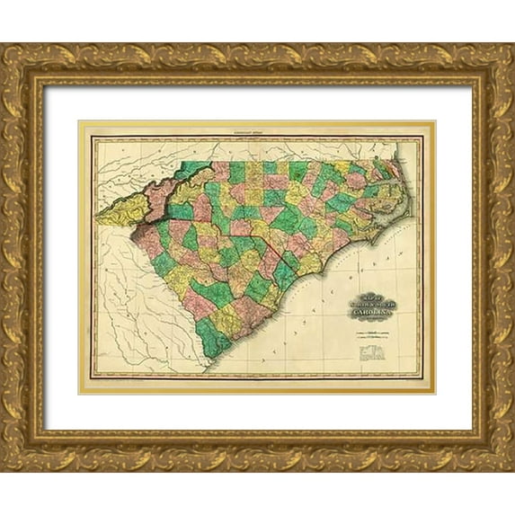 Tanner, Henry 32x25 Gold Ornate Wood Framed with Double Matting Museum Art Print Titled - Map of North and South Carolina, 1823