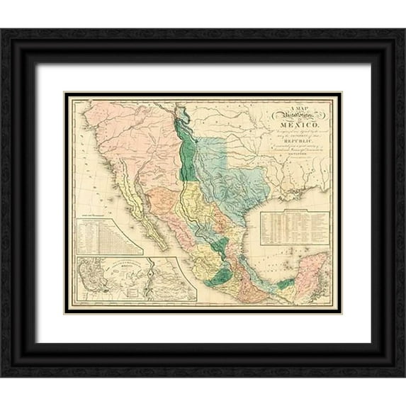 Tanner, Henry Schenck 32x26 Black Ornate Wood Framed with Double Matting Museum Art Print Titled - A map of the United States of Mexico : as organized and defined by the several acts of the Congress