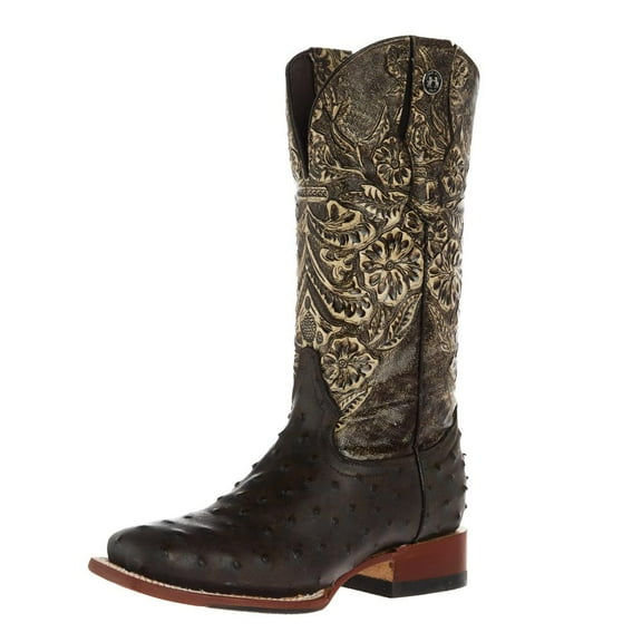 Tanner Mark Boots Womens Women`s Tanner Mark Ostrich Print with 12In Black Tooled Top Boot 9 B Brown