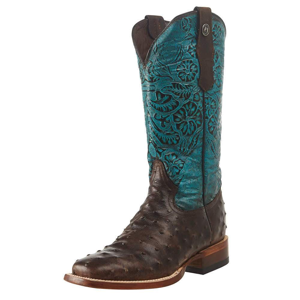 Tanner Mark Women's Ostrich Print Square Toe Boots Black with Grey
