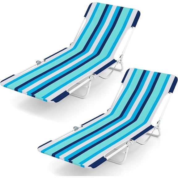 Tanning Chair, 2 count Folding Beach Chairs with Adjustable Backrest, Footrest, 330lbs Capacity & Strap, Portable Layout Sunbathing Loungers for Outside, Patio, Poolside (Blue Stripe)