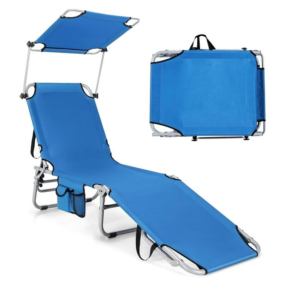Tanning Chair, Beach Lounge Chair with Canopy Sunshade, Carry Handle & Pocket, 5 Level Adjustable Layout Chaise Lounge for Outside, Folding Sunbath Chair for Outdoor, Patio, Poolside (1, Blue)