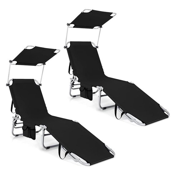 Tanning Chair, Beach Lounge Chair with Canopy Sunshade, Carry Handle & Pocket, 5 Level Adjustable Layout Chaise Lounge for Outside, Folding Sunbath Chair for Outdoor, Patio, Poolside (2, Black)