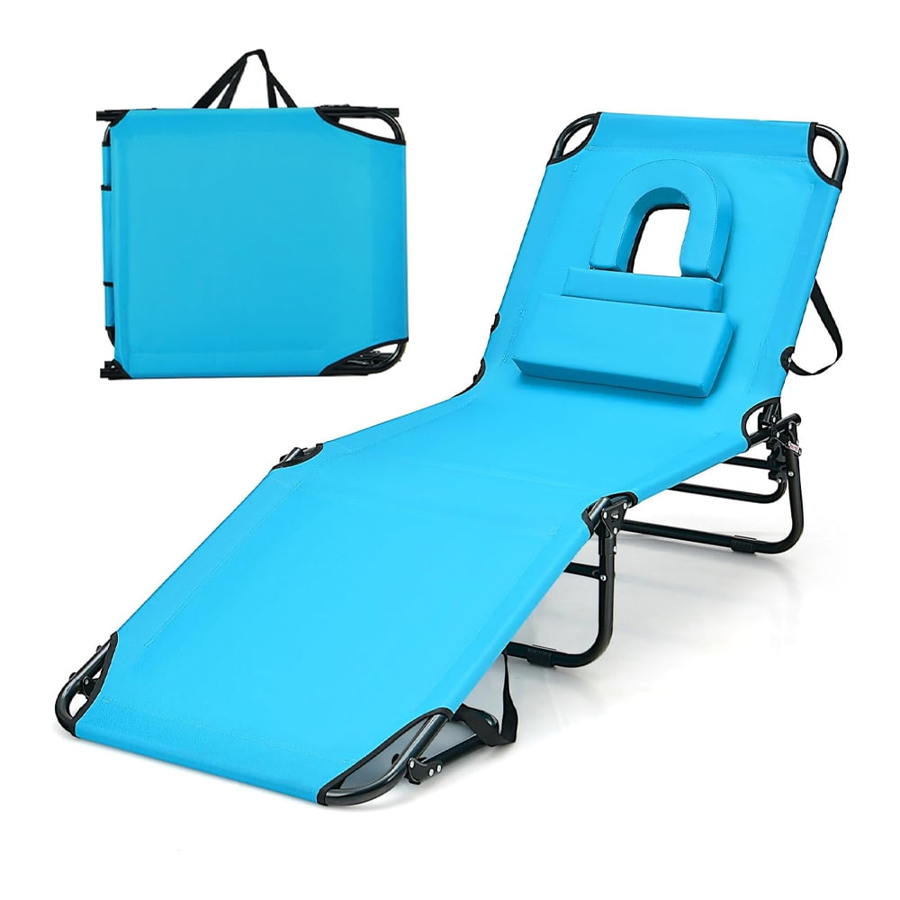 Tanning Chair, Folding Beach Lounge Chair, 5-Position Adjustable, Portable Sunbathing Chair with Removable Pillow, Carry Strap for Poolside, Backyard, Balcony, 350LBS Capacity