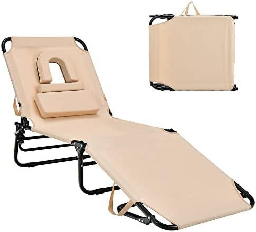 Tanning Chair, Folding Beach Lounge Chair With Face Hole, Removable Pillow, 350LBS Capacity