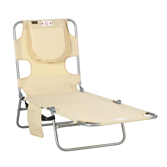 Tanning Chair Outdoor Chaise Lounge, 5-Position Adjustable Beach Chair with Face Hole & Pillow, Portable Folding Sun Lounger for Pool, Patio, Beige