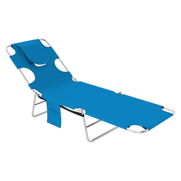 Tanning Chair for Beach, 5-Position Adjustable Chaise Lounge, Face Hole & Pillow, Outdoor Folding Sunbed for Pool, Light Blue
