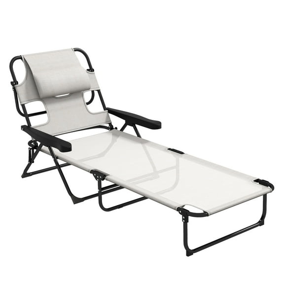 Tanning Chaise Lounge Chair, 4-Position Beach Chair with Face & Arm Holes, Pillow headrest, Adjustable Sunbathing Chair, Cream White