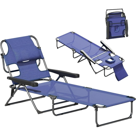 Tanning Chaise Lounge Chair, 4-Position Beach Chair with Face & Arm Holes, Pillow headrest, Adjustable Sunbathing Chair, Navy Blue