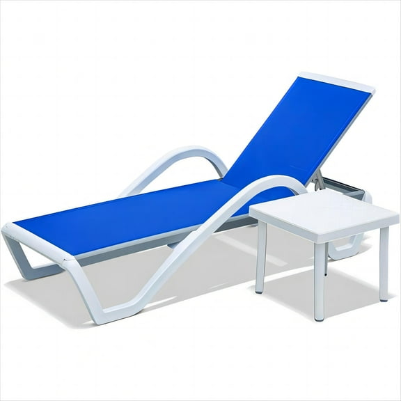 Tanning Lounge-Chair Chaise-Outdoor Reclining-Beach - Recliner Deck Chair with Wheels Arm Table Portable Poolside Patio for Garden Lawn Backyard Sunbath Camp, Blue