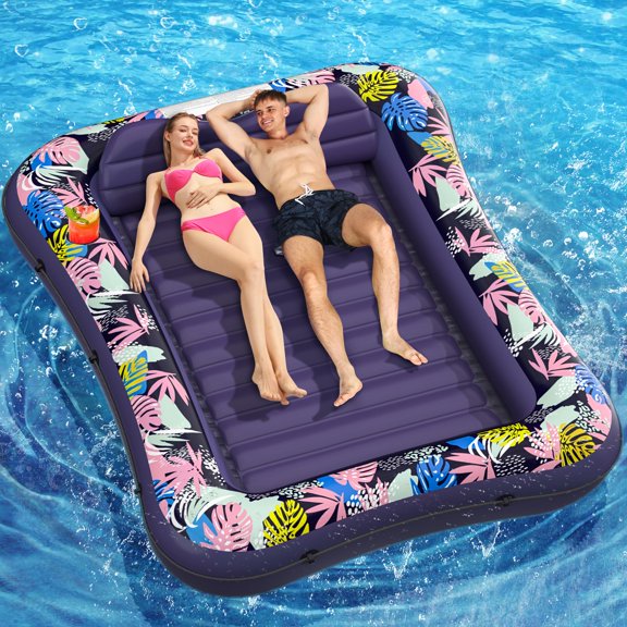 Tanning Pool Lounger Float, 75" x 51" Pool Floats Adult with Headrest & Drink Holder, Blow-Up Bed Sun Tan Tub for Sunbathing, Beach, Backyard, Outdoor, Summer Water Party (Purple-L)
