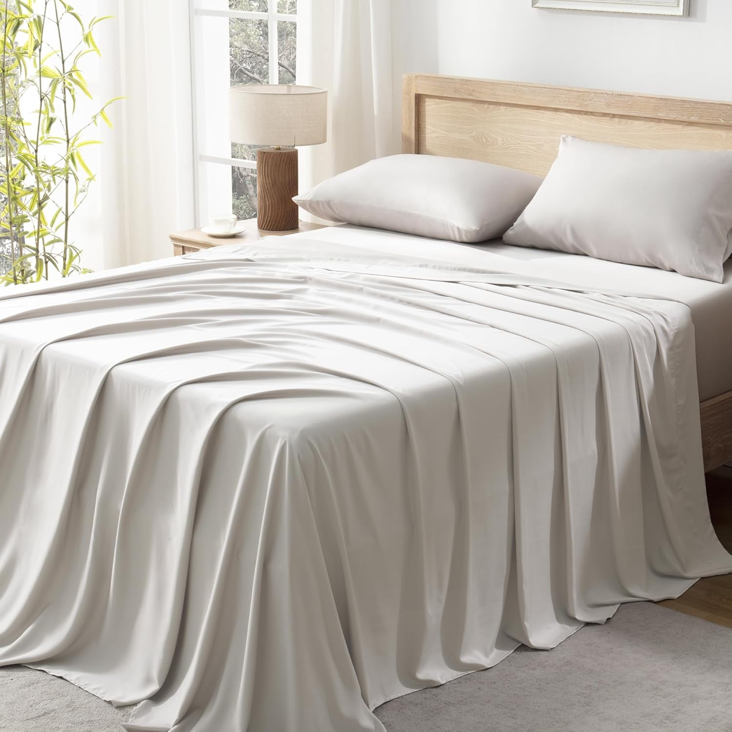Tannish Grey Queen Sheets Set, 100% Viscose Derived from Bamboo, Cooling Bed Sheets Queen Size, Deep Pocket Up to 16", Silky Soft Sheets