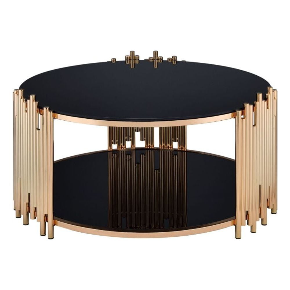 Tanquin Black Glass and Gold Round Coffee Table with Shelf