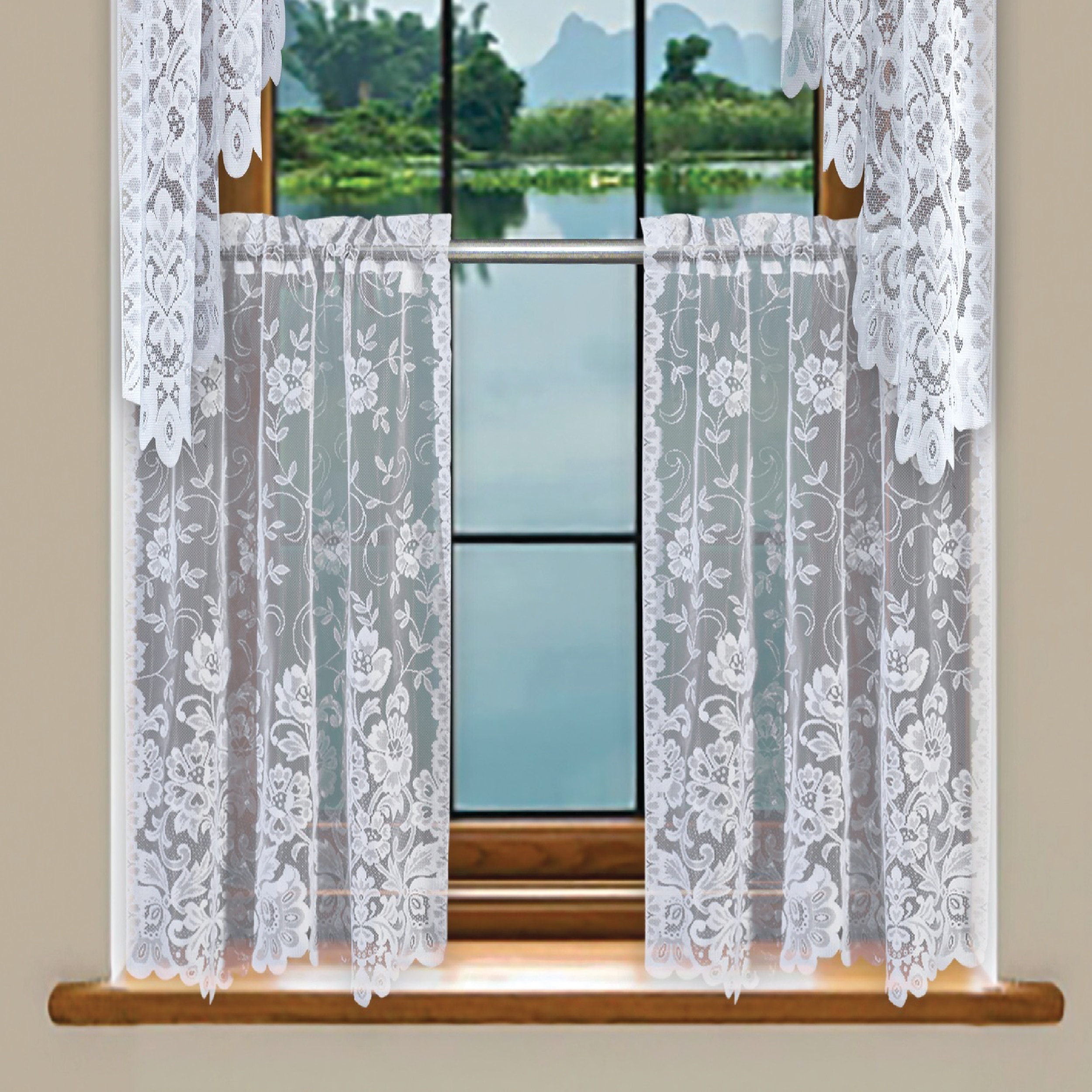 Hopewell White Heavy Floral Lace Kitchen Window Curtain Swag Pair, 100