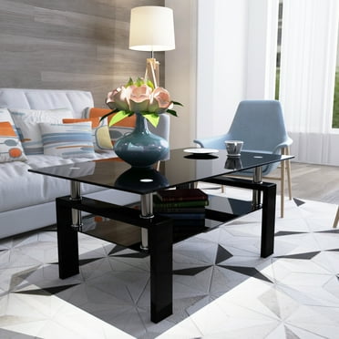 Tansole Coffee Table Glass Top Rectangular End Table Black Metal Legs for Modern Living Room