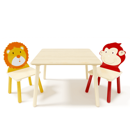BJSN Wood Table and Chair Set, 3 Piece Adorable Toddler Table Chairs Set Including 2 Animal Chairs & Water Resistant Table, Ideal Children Table Set for Bedroom, Playroom (3 PCS-Monkey/Lion)