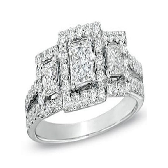 Tantalizing Three Stone Halo Cheap Three Stone Engagement Ring 1 Carat Princess Cut Moissanite Diamond in 10K White Gold, Promise Ring, Anniversary Ring