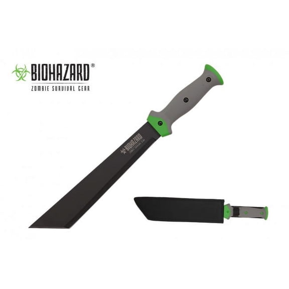Tanto Machete | Biohazard 18" Overall, Tactical Black Blade, Green Gray + Sheath