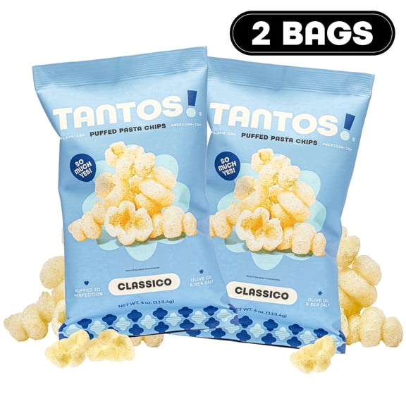 Tantos Puffed Pasta Chips Classico Plant Based Low Calorie Snack 4 oz, Pack of 2