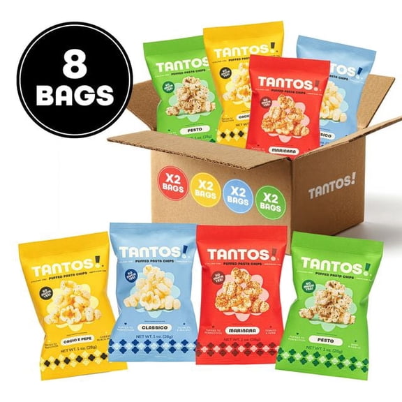 Tantos Puffed Pasta Chips Variety Pack Pesto, Marinara, Cacio e Pepe, Classico Plant Based Low Calorie Snack 1 oz, Pack of 8