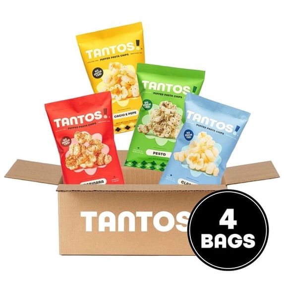 Tantos Puffed Pasta Chips Variety Pack Pesto, Marinara, Cacio e Pepe, Classico Plant Based Low Calorie Snack 4 oz, Pack of 4