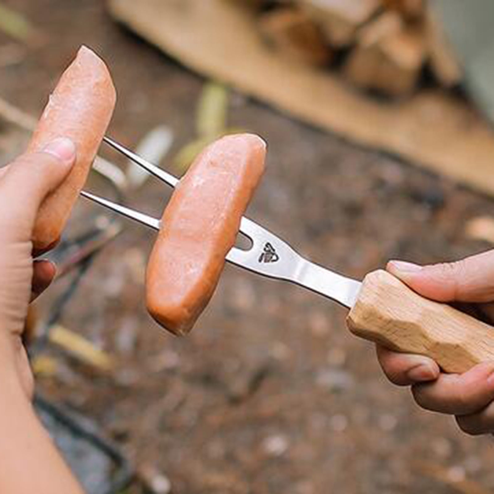 Tantouec Outdoor Barbecue Fork Wood Handle Stainless Steel Barbecue