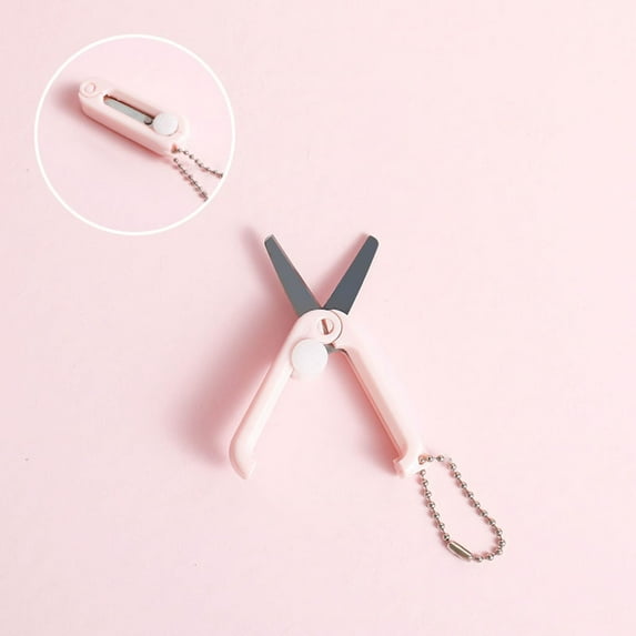 Tanuke 1 Pack Mini Folding Scissors with Key Chain, Retractable, Round Edge, Stainless Steel, Pastel Color, Ambidextrous, for DIY, Crafting, Travel
