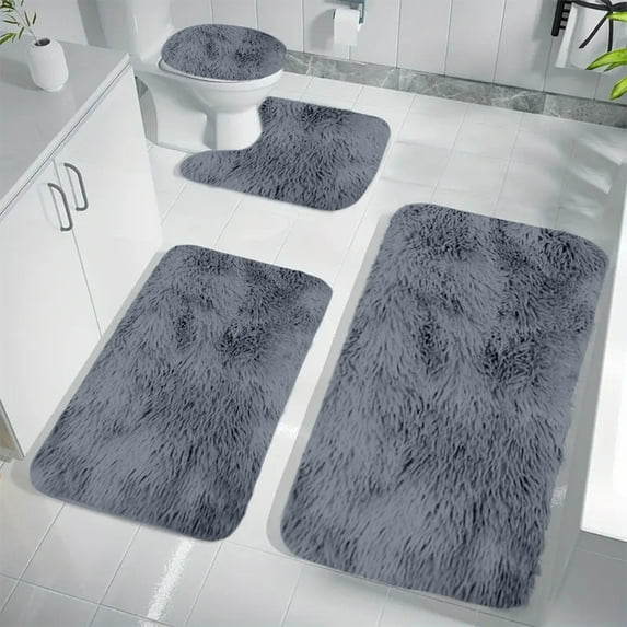 Tanuke 4-Piece Plush Bathroom Rug Set, Soft Non-Slip Toilet Mat, Absorbent Shower Floor Mat for Bathroom, Dark Gray