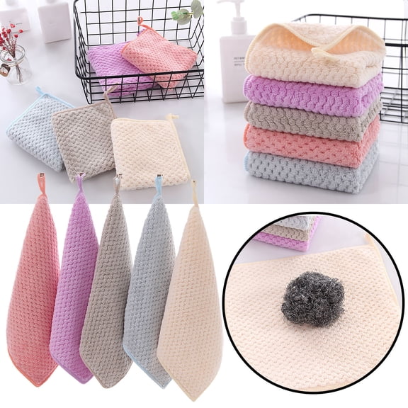 Tanuke Coral Velvet Towel Set – 5 Pack Pineapple Lattice Square Towels, Highly Absorbent Polyester, Soft & Skin-Friendly, with Lanyard for Hanging, for Kitchen Toilet Hand