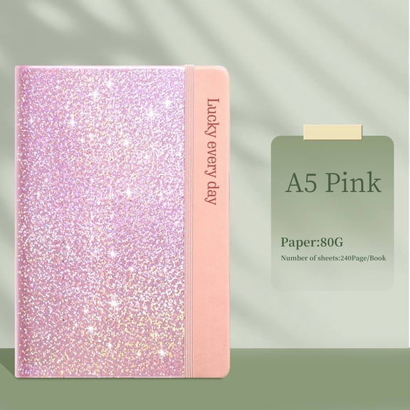 Tanuke Glitter Notebook 8.3x5.7”, 240 Lined Pages Glitter Never Peel Off Journal, College Ruled A5 Hardcover, Non-Flake Cover with Elastic Closure, Pink, 1 Notebook